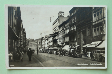 Postcard PC Saarbruecken 1920-1933 Bahnhofstreet shops cars Town architecture Saarland